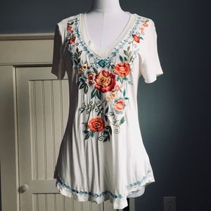 Caite Embroidered Deep V-Neck Tee